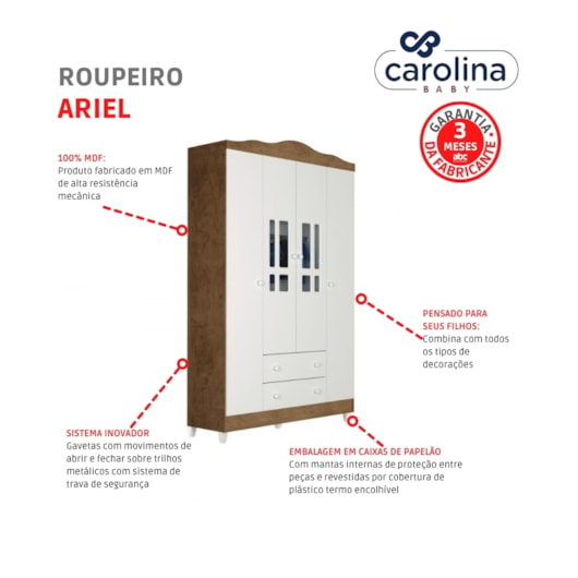 Roupeiro Ariel 4 Portas Branco/amadeirado Carolina Baby - Imagem principal - a672e453-dc13-40c6-a910-acfedd5561a0