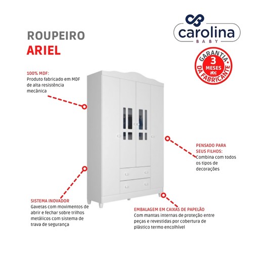 Roupeiro Ariel 4 Portas Branco Brilho Carolina Baby - Imagem principal - 48545a4f-6e79-402e-8aa5-dad672d4fecd