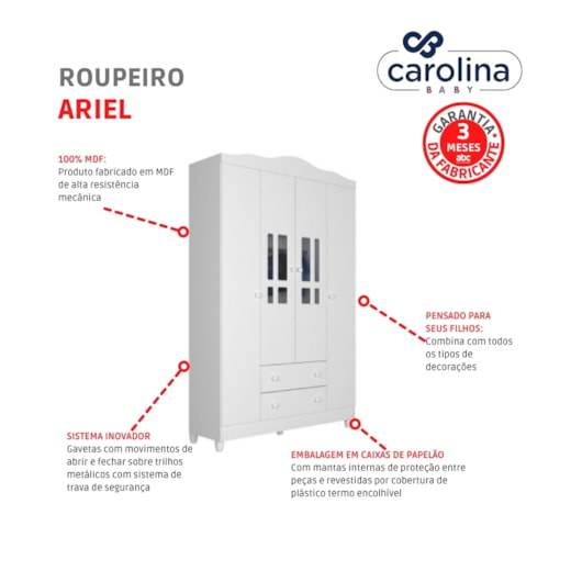 Roupeiro Ariel 4 Portas Branco Brilho Carolina Baby - Imagem principal - 418884aa-a50d-4609-a4e4-8cc47bbde130