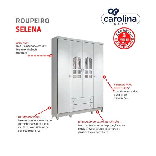 Roupeiro Selena 4 Portas Branco Brilho Carolina Baby - Imagem principal - d56756d8-cba7-43f3-9879-d43bab63c3a8