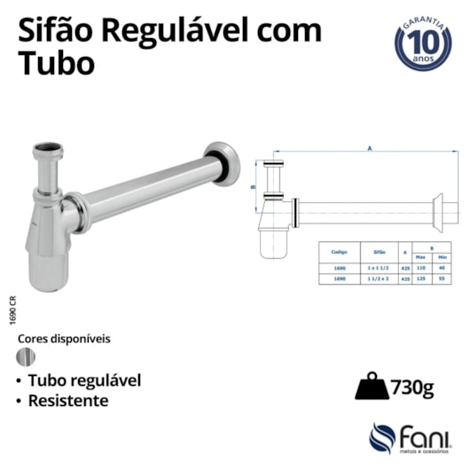 Sifão Para Lavatório 1 1/2 Com Tubo Saída 40cm Cromado Fani - Imagem principal - 4c3aa963-0bc0-45db-8948-0f5ff7e4c682