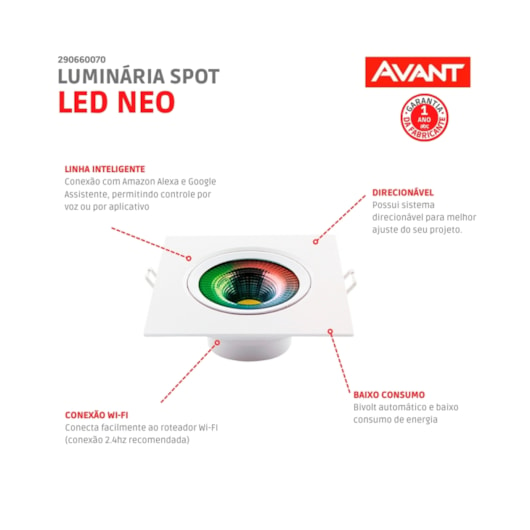 Spot Led Quadrado Neo 5W Luz Amarela 2700K Luz Branca 6500K Rgb Bivolt Avant - Imagem principal - 2f774753-ce71-4998-b45f-c2fcb025413b