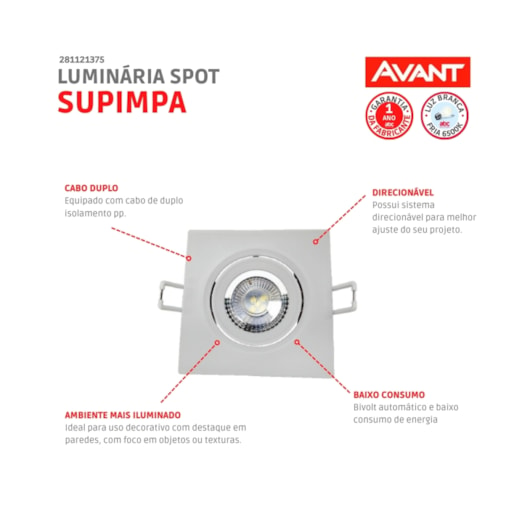 Spot Supimpa Quadrado 12w 6500k Bivolt Luz Branca Avant - Imagem principal - 91fb1fe0-49c6-4185-b800-66f94550f247