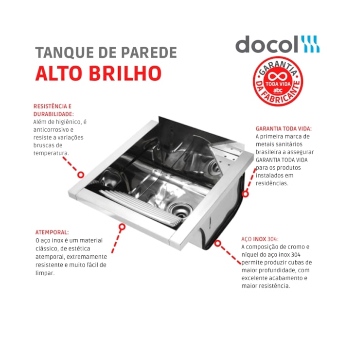 Tanque De Parede Reto Alto Brilho  Docol 44x48x26cm 23 L