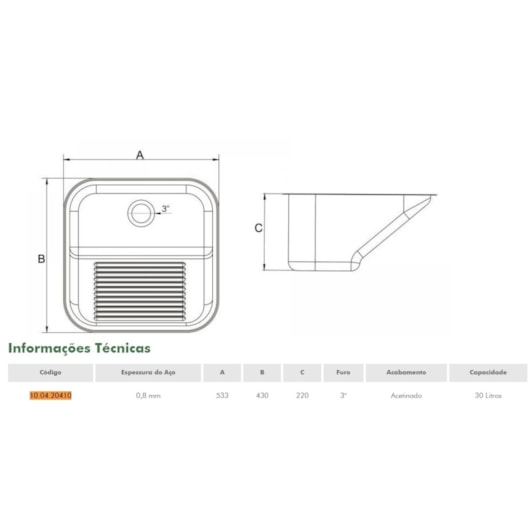 Tanque Em Inox Monobloco Acetinado Debacco 53x43cm 30L - Imagem principal - 581e9023-5a5f-4d5e-b77d-a67d3302275f