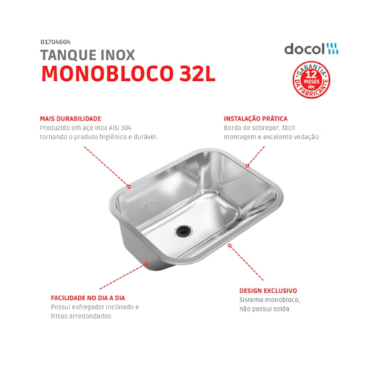 Tanque Monobloco Polido Docol 32L 55x45x23 cm - Imagem principal - b752c122-5ade-4b2b-92bf-c075d64a38ba