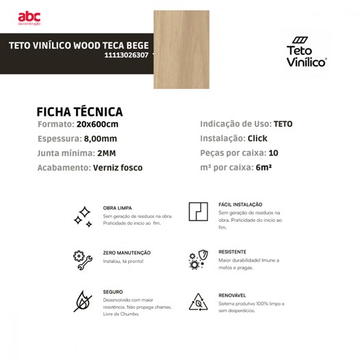 Teto Vinílico Wood Teca Bege 20x600cm - Imagem principal - 20bb14ad-665a-4125-bffb-bc96d293fea7