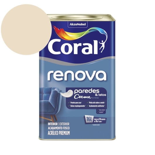 Tinta Acrílica Creme Premium Fosco Renova Paredes e Tetos Palha 16l Coral - Imagem principal - 55f76c56-478a-4c59-baeb-31f0abe69b01