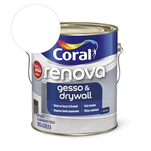 Tinta Acrílica Renova Gesso & Drywall Fosco Branco 3.6l Coral - Imagem principal - 6a301565-7877-4475-8e70-4a8f04dd0e31