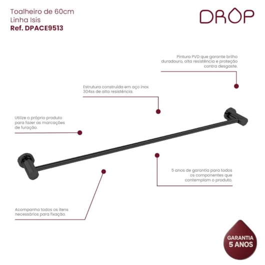 Toalheiro Black Matte Drop 60cm - Imagem principal - 09c084c0-0913-4010-b48a-58488581f3a6