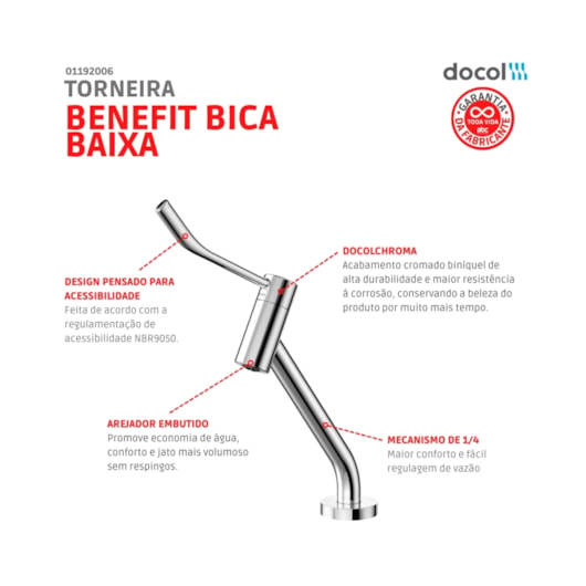 Torneira De Acessibilidade De Mesa Para Lavatório Com Alavanca Bica Baixa Benefit Cromado Docol  - Imagem principal - 39bc834b-1b13-4a9f-9510-57d48937a547