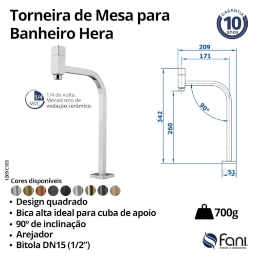 Torneira de Mesa Cromada para Banheiro e Lavabo Bica Alta Hera 1209 C105 DN 15 1/2 Fani - Imagem principal - 06e308c4-0575-4bfd-bafe-030c252457fa