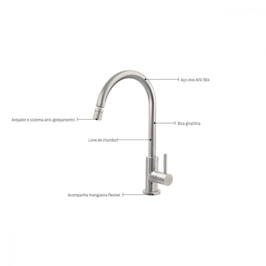 Torneira De Mesa Para Cozinha Bica Alta Escovado Arko Cromado Tramontina - Imagem principal - 8db388eb-9568-48fc-80fa-3f91b01ca6a8