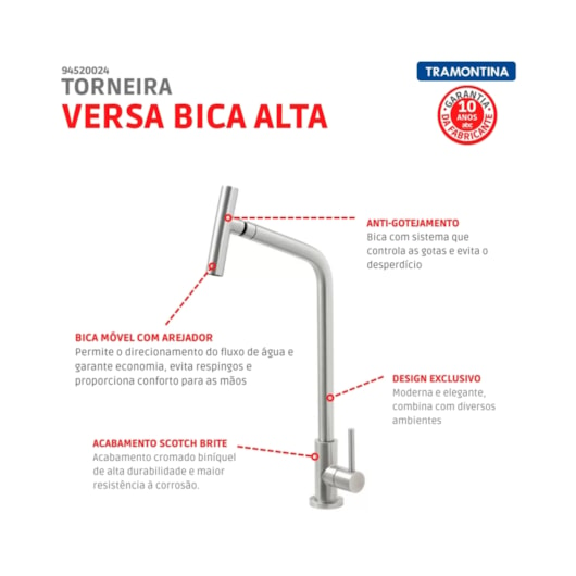 Torneira De Mesa Para Cozinha Versa Bica Articulada Cromado Tramontina - Imagem principal - 4f597410-3dac-4822-81ca-0dd69698e1e9