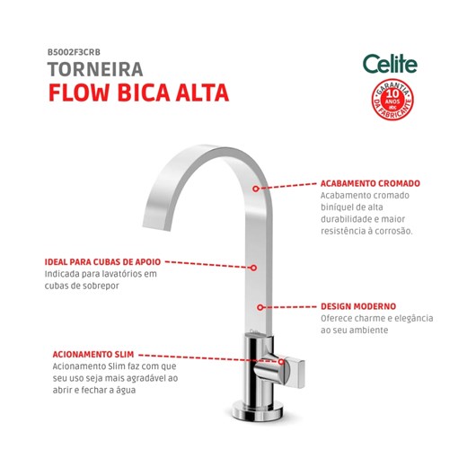 Torneira De Mesa Para Lavatório Bica Alta Flow Cromado Celite - Imagem principal - 5952e5a3-fdb4-4287-8aaf-9272e424fb1e