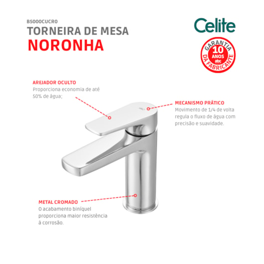 Torneira De Mesa Para Lavatório Bica Baixa Noronha Cromado Celite - Imagem principal - 784b484a-f603-404b-aa5b-456bbdc94138