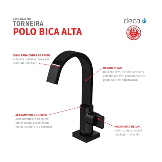 Torneira De Mesa Para Lavatório Polo Bica Alta 1198 Black Noir Deca - Imagem principal - f6c79eb7-8acc-4826-b52f-34189239f9e5