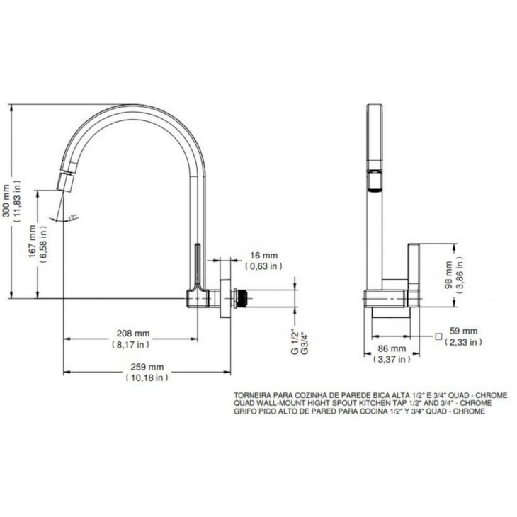 Torneira De Parede Para Cozinha Bica Alta 1/2 E 3/4 Quadrada Cromada Docol