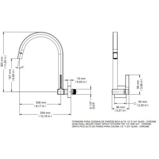Torneira De Parede Para Cozinha Bica Alta 1/2 E 3/4 Quadrada Cromada Docol - Imagem principal - 1360c98a-4451-490d-8408-b28ff45e76da