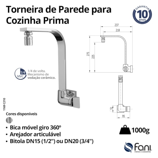 Torneira de Parede para Cozinha Bica Móvel 360° Arejador Articulável Prima 1169 C210 DN 15 1/2