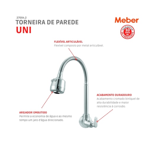 Torneira De Parede Para Cozinha Bica Móvel C/ Arejador Gourmet Uni Cromado Meber - Imagem principal - 36c22c29-0b23-4089-b04f-c68b3a63fe25