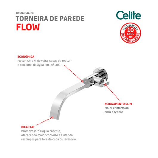 Torneira De Parede Para Lavatório Bica Baixa Flow Cromado Celite - Imagem principal - 9152d544-4198-4ac9-ba4a-db1ce7502a4d