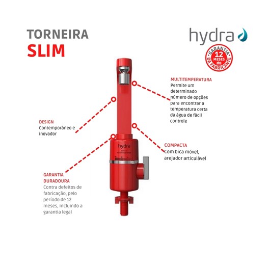 Torneira Elétrica Multitemperaturas Mesa Slim 4t 127v 5500w Vermelha Hydra - Imagem principal - 6f8671b6-da7f-4364-889b-6873c00f3465
