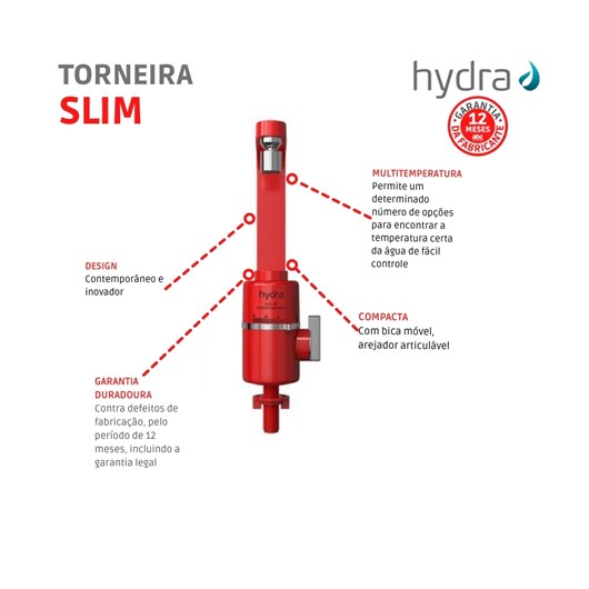 Torneira Elétrica Multitemperaturas Mesa Slim 4t 220v 5500w Vermelha Hydra - Imagem principal - fce44d8e-d1cc-4681-92bd-86b211054b2e