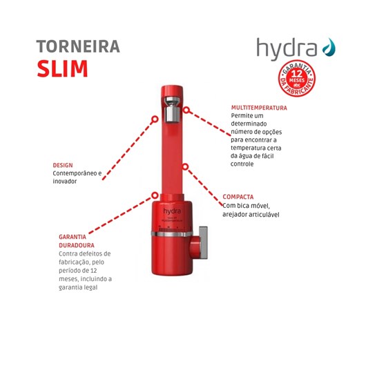 Torneira Elétrica Multitemperaturas Parede Slim 4t 220v 5500w Vermelha Hydra - Imagem principal - 0ce30c0d-8a54-4461-8edd-c308e6b37624