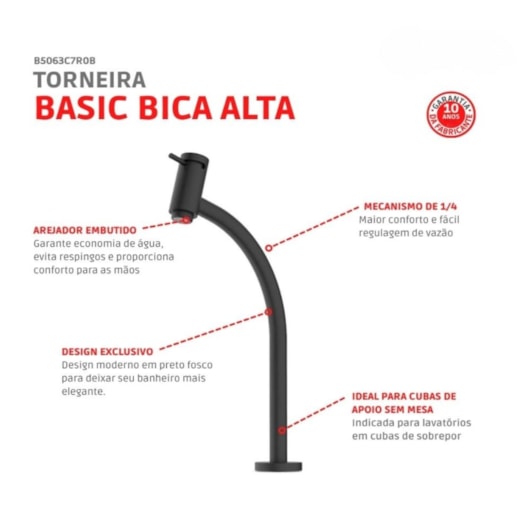 Torneira Lavatório Basic Mesa Bica Alta Black Matte Roca - Imagem principal - f41b775f-d609-42d3-aba0-ea92477bcdb3