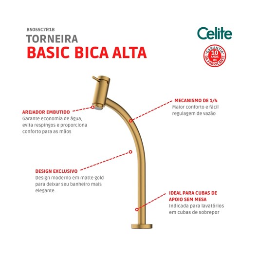 Torneira Lavatório Basic Mesa Bica Alta Matte Gold Celite - Imagem principal - 3e2fd019-657b-4fa8-ba6e-867adc8315f3