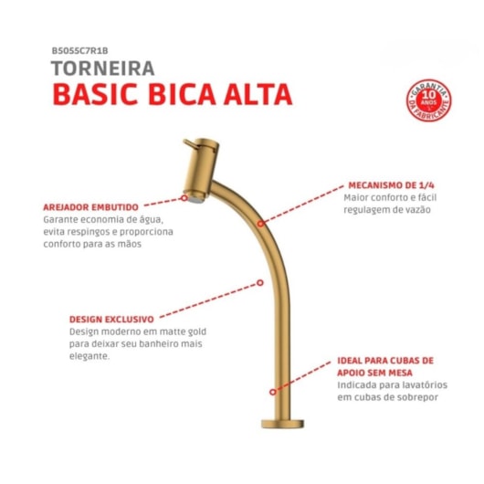 Torneira Lavatório Basic Mesa Bica Alta Matte Gold Roca - Imagem principal - 7b9ef2e2-4c2b-40b0-9105-1ec576f426a2