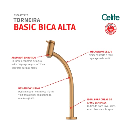 Torneira Lavatório Basic Mesa Bica Alta Matte Rose Gold Celite - Imagem principal - 75c22fc1-81b4-48c6-8fd4-90fc4e125e98