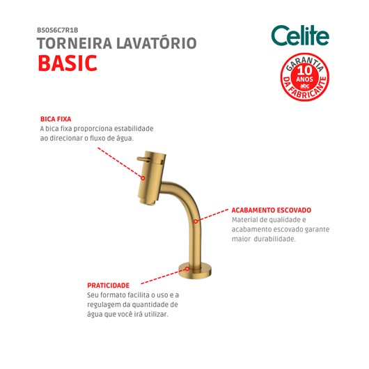 Torneira Lavatório Basic Mesa Bica Baixa Matte Gold Celite - Imagem principal - 09f3dcf4-2414-47c0-ad20-89b6ab4f9145