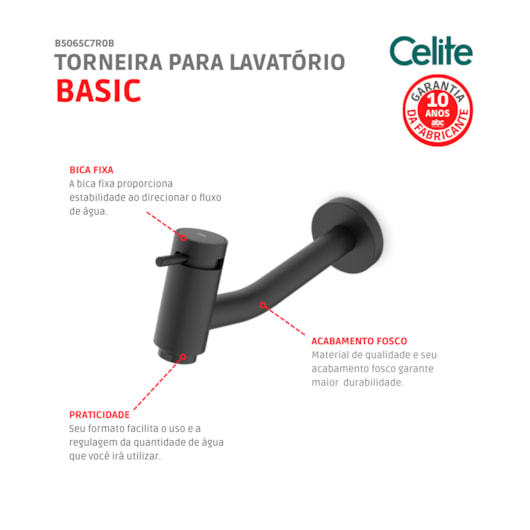 Torneira Lavatório Basic Parede Matte Black Celite - Imagem principal - b728af0d-bf33-4981-82cd-4466bcaf4cdb