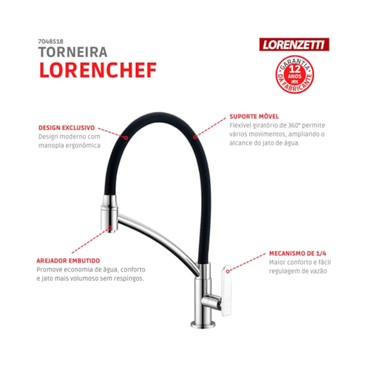 Torneira Para Cozinha De Mesa 1167 C81 Chef Preta Com Cromado Lorenzetti - Imagem principal - ab7adfc7-f6f3-4dba-8f40-da8ac444954c