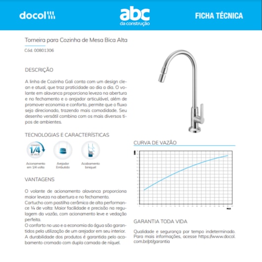 Torneira Para Cozinha De Mesa Bica Alta Gali Cromada Docol - Imagem principal - 0a302ad9-dcc3-4c06-ad1b-e9be94554c35