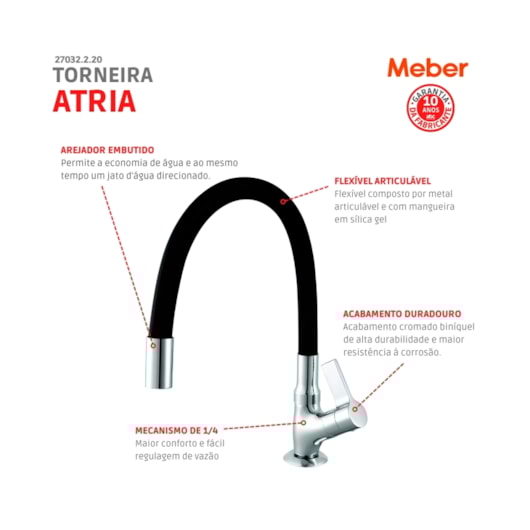 Torneira Para cozinha De Mesa Bica Média Flexível 1173 C36 Cromado/ Preto Meber - Imagem principal - 63586f52-1ac6-4f6a-b73f-86d40e26510d