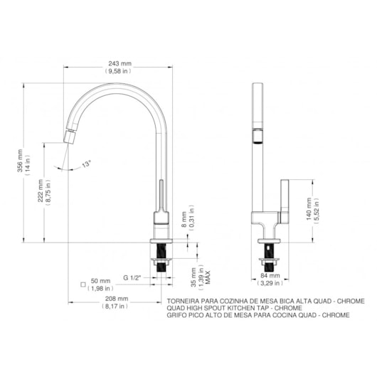 Torneira Para Cozinha De Mesa Quad Bica Alta Cromada Docol - Imagem principal - 0ce84352-8b00-412f-8a61-f0fc5f7d708d