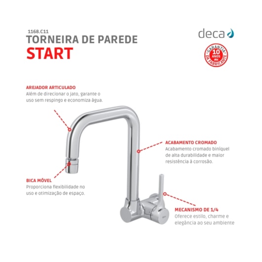 Torneira Para Cozinha De Parede Com Bica Alta Start Cromado Deca - Imagem principal - 18373d8f-e52b-4bcd-ad30-044d003a6418