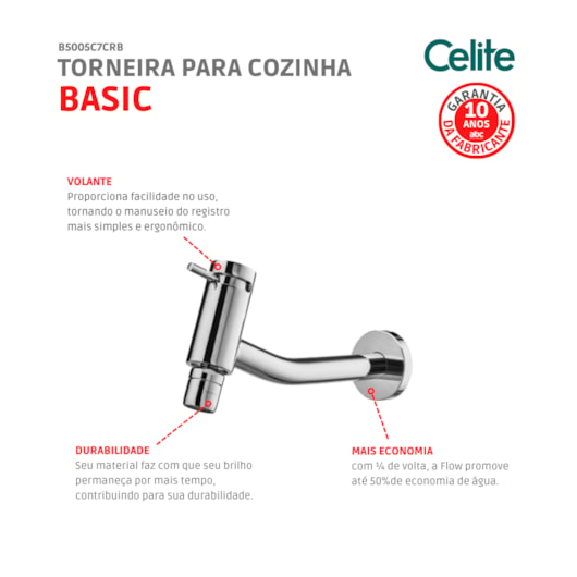 Torneira Para Cozinha De Parede Com Bica Articulada Basic Cromada Celite - Imagem principal - e375b3d3-c099-4221-b32c-96b83ab9ec43