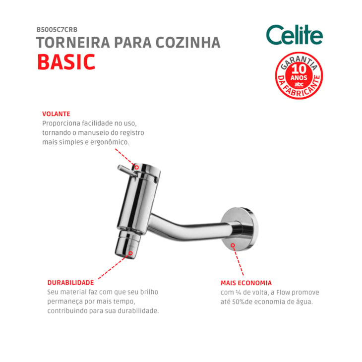 Torneira Para Cozinha De Parede Com Bica Articulada Basic Cromada Celite