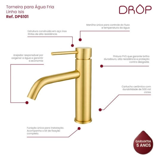 Torneira Para Lavatório Bica Baixa Dourado Escovado Drop - Imagem principal - e4241f60-4c6c-4e40-9b0d-7432f11310b5