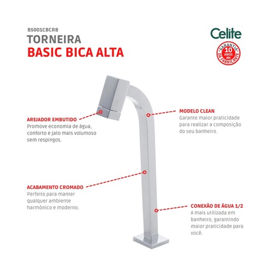 Torneira Para Lavatório De Mesa Basic Bica Alta Cromada Celite - Imagem principal - 1e75379a-2a56-400f-a4fa-6d1599e97882