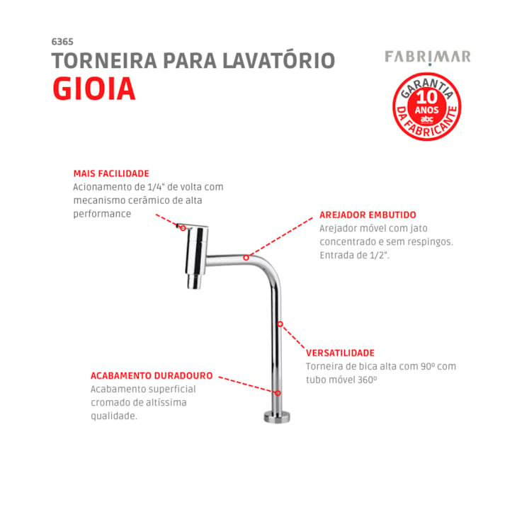 Torneira Para Lavatório De Mesa Bica Alta 90° Gioia Cromado Fabrimar 