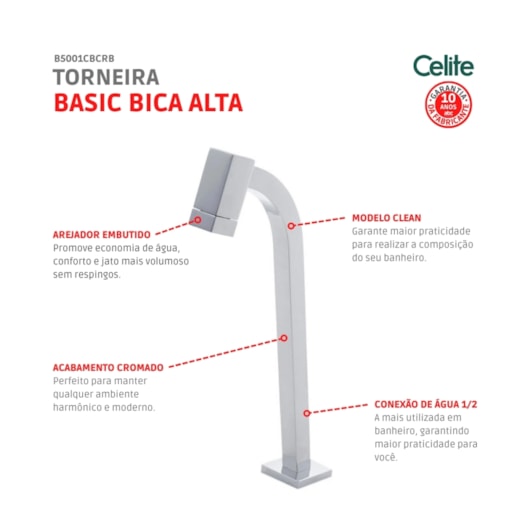 Torneira Para Lavatório De Mesa Bica Alta Basic Plus Cromada Celite - Imagem principal - f68697f1-ac34-4011-9c06-93b02cc1318a