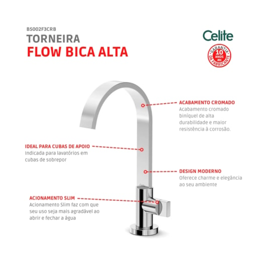 Torneira Para Lavatório De Mesa Bica Alta Flow Cromado Celite - Imagem principal - 7d7aeede-00db-4b72-8d34-84ad56c6774f