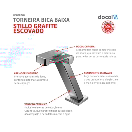 Torneira Para Lavatório De Mesa Bica Baixa Stillo Grafite Escovado Docol - Imagem principal - 40c0c7f7-6805-4733-814c-063dababc3d8