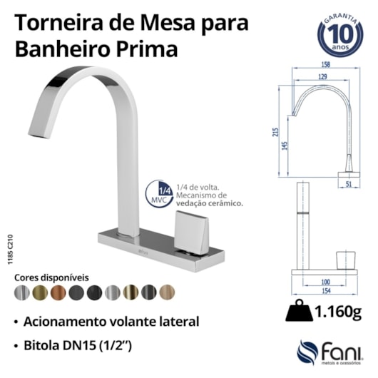 Torneira Para Lavatorio De Mesa Com Acionamento Lateral Bica Alta Prima 210 1185 Preto Fosco Fani Metais - Imagem principal - b8b501fe-de5e-44b0-83f1-f7a437f9f336