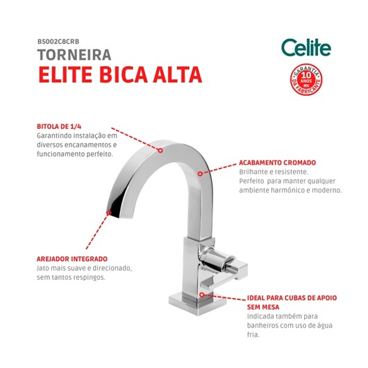 Torneira Para Lavatório De Mesa Elite Bica Alta Cromada Celite - Imagem principal - 6673864e-dc76-414f-b1b3-a1d26d142ca0